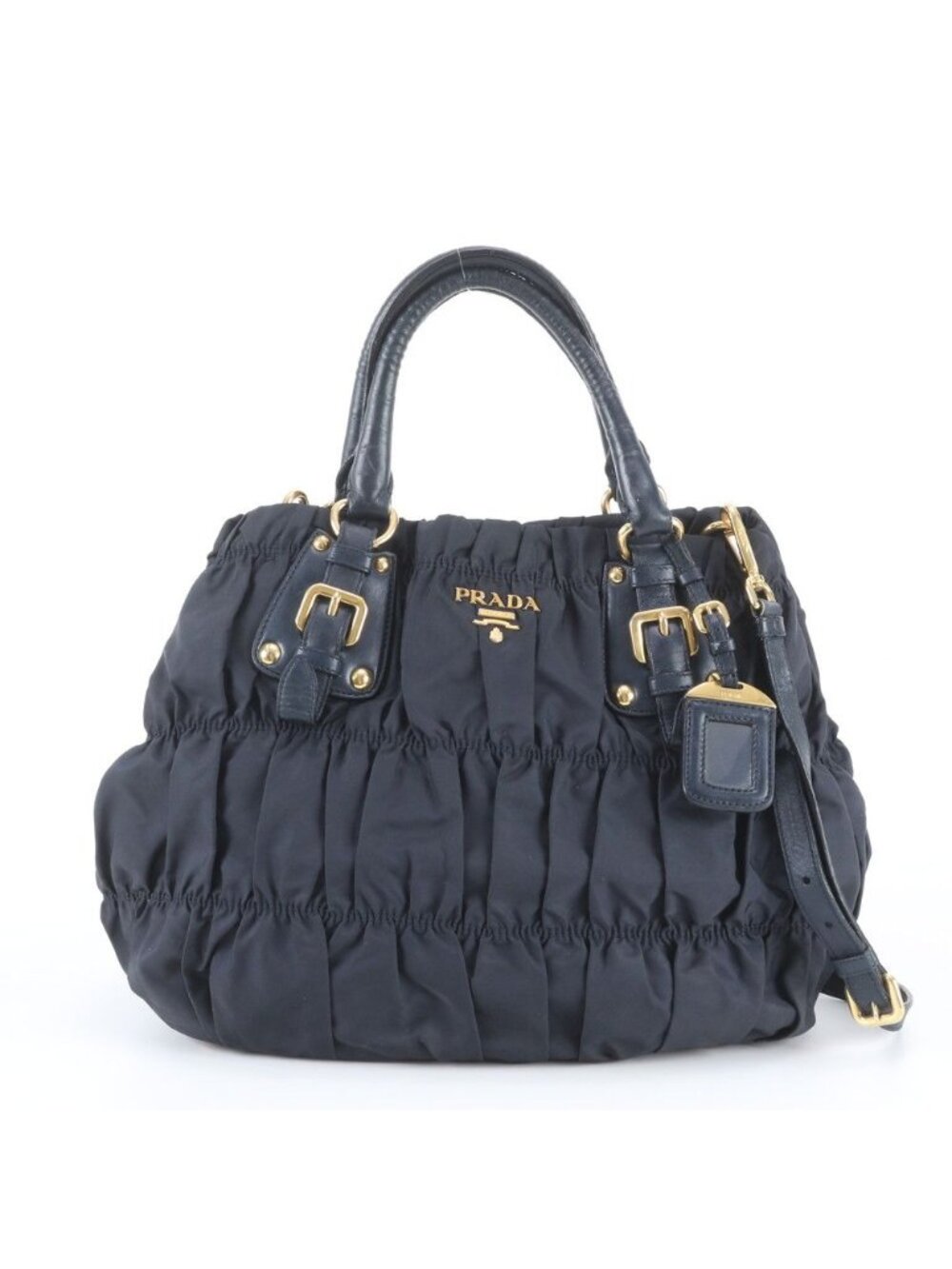 Prada Tessuto Nylon Gathered Leather 2-Way Shoulder Bag Tote Navy